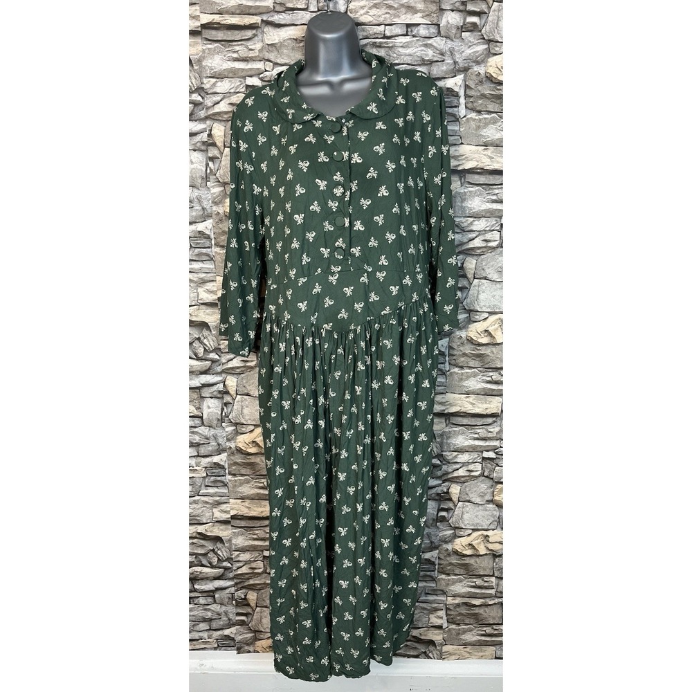 April Cornell Greenhouse Dress Sage 100% Rayon Sz L Pockets Tie Back Cottagecore